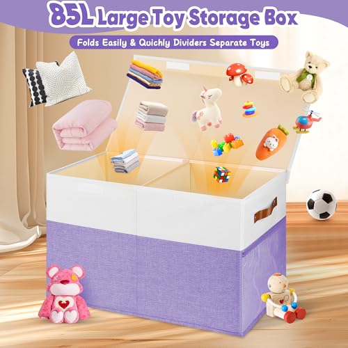 Mabahoo Large Toy Box, Collapsible Sturdy Storage Chest With Lids, Kids Toy Chest Storage Organizer Toddler Bin Boxes for Living Room, Bedroom, Nursery, 25"x13"x16", Purple & White - color: Purple and White