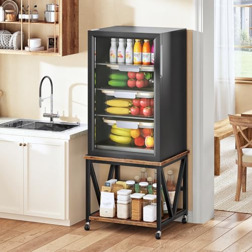 HOOBRO Mini Fridge Stand with 2-Tier Storage Shelf, 19.7” Square End Table, Mini Fridge Table with Wheels and Adjustable Feet, Sturdy Metal Frame for Living Room, Bedroom, Rustic Brown BF01BX01