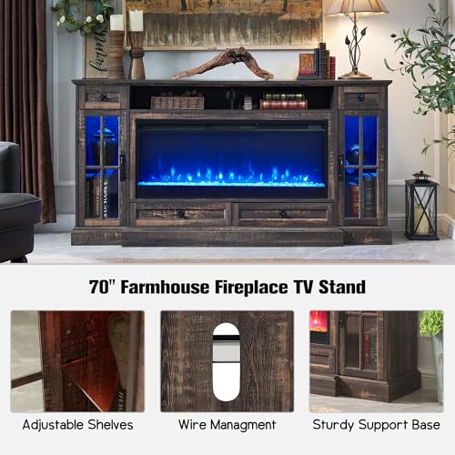 RedLemon Farmhouse Fireplace TV Stand for 80 Inch TV, 36" Tall Entertainment Center with 42" Crystal Eletric Fireplace, Modern Media Console Table with LED Lights for Living Room, Dark Rustic Oak - color: Dark Rustic Oak