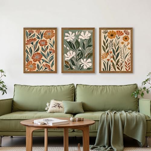 InspiredHues 3 Piece Abstract Boho Floral Canvas Wall Art, Green Beige Flower Market Wall Decor, Minimalist Colorful Botanica Artwork Prints for For Living Room Bedroom Office 16x24 Inch Wood Framed - color: Abstract, size: 24"L x 16"W