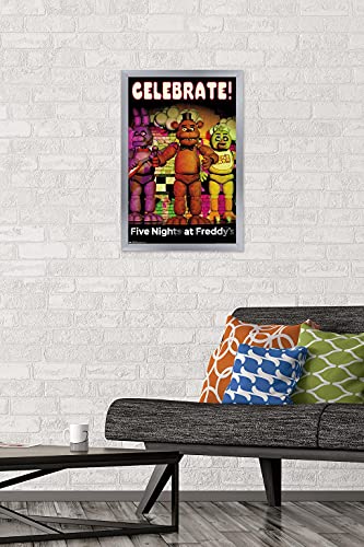Trends International Five Nights at Freddy's - Celebrate Wall Poster, 14.725" x 22.375", Silver Framed Version - color: Silver Framed Version, size: 22.4"L x 14.7"W