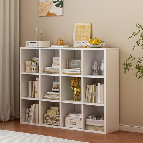 OSCHF 12-Cube Storage Shelf Bookcase - Wooden 3-Tier Floor Standing Open Bookshelf for Home and Office, Display Cabinet, Warm White - color: Warm White, size: 12-Cube