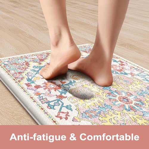 KIMODE Kitchen Mats for Floor, 17"x47"+17"x29" Boho Vintage Kitchen Rugs 2 PCS, Cushioned Anti Fatigue Mats for Kitchen Floor, Non-Slip Kitchen Floor Mats, Sink, Laundry, Office, Desk Pink - color: Pink/Multi, size: 17.3" x 47"+17.3" x 29"--0.47 inches