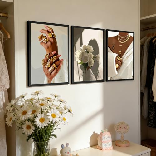 ASEKBWL 3Pcs Black Woman Poster Wall Art African American Painting Picture Wall Decor Fashion Trendy Black Canvas White Flower Aesthetic Print Artwork for Girls Room Dormitory Bedroom Home Decoration - color: Black Woman Poster, size: 24"L x 16"W