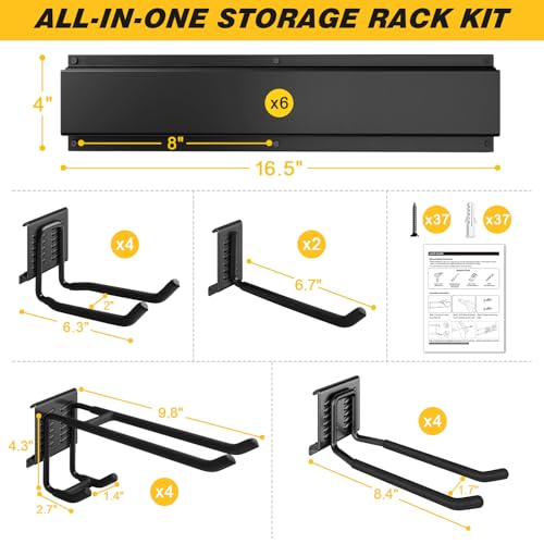 99 Inches Garage Storage, UUP Garage Organization, Wall Mount Garden Tool Organizer, Max 1000lbs Adjustable Metal Hook, Yard Shed Hanging Utility Rack, Heavy Duty Shelving for Rake Broom Mop Snowboard - size: 99" Alloy Steel with 6 Panels & 14 Hooks