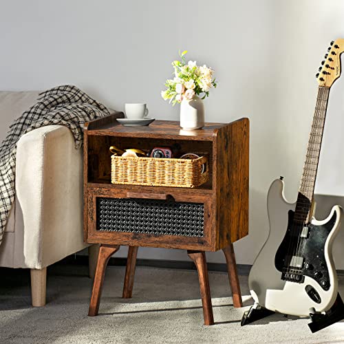 Lerliuo Rattan Nightstand, Boho Side Table with Drawer Open Shelf, Cane Accent Bedside End Table with Solid Wood Legs for Bedroom, Dorm and Small Spaces (Brown) - color: Brown, size: 1 pack