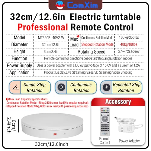 12.6In/32cm Rotating Platform, 350lbs Capacity Motorized Electric Turntable, Heavy Duty Motorized Rotating base, Large Motorized Rotating Display Stand,Photography Turntable with Remote - size: 12.6inch/White/300Lbs Load