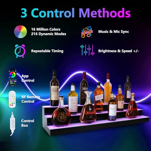 Led Lighted Liquor Bottle Display Shelf, 30 Inch 3 Tier Whiskey Rack, Support USB, Bar Stand with RF Remote & App Control, Illuminated Acrylic Lighting Shelves for Home Bar, Party - size: 30" 3 step