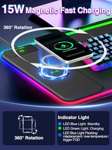 XL RGB Gaming Mouse Pad with 15W Magnetic Wireless Charging, 31.5'' x 11.8'' Extra Large LED Mousepad, 24 Lighting Effects Desk Mat with Non-Slip Rubber Base, Waterproof Ultra-Smooth Surface - color: RGB-31.5"x11.8"
