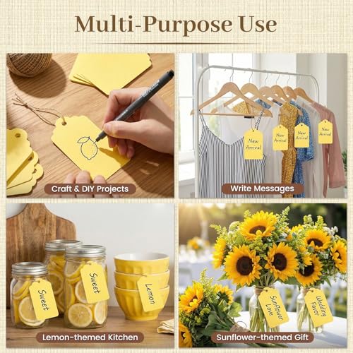 SallyFashion 120pc Gift Tags with String - Blank Yellow Paper Hanging Tags for Wedding & Birthday Gifts DIY - color: Yellow