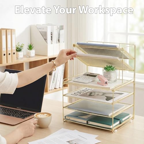 OPNICE Desk Organizer, 6-Tier Letter Tray Paper Organizer, Desktop File Organizer, Office Desk Accessories & Office Decor for Women, Workspace Organizer for Office Supplies(Gold) - color: Gold, size: 12.9" x 9" x 13.3"