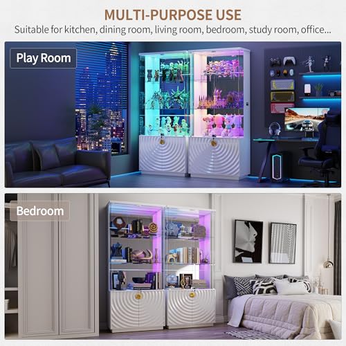 Lvifur 4-Tier Display Cabinet with Glass Doors,71''H Lockable Curio Cabinet with RGB Lights for Collectibles,White Glass Display Cabinet with Human Body Sensor,Glass Shelves,Living Room - color: White-rgb Lights