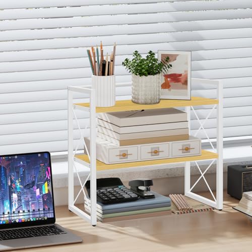 YINMIT Desktop Shelf Organizer, 2 Tier Office Shelves, Wood Desk Organizer Storage Rack and Freestanding Display Shelf for Office, Dormitory, Home (White Wood) - color: White+wood