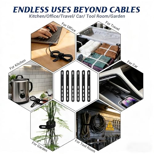 24 Pack Silicone Cable Ties, Cord Wrap for Home Office Travel Organizer | reusable, durable, adjustable, waterproof, elastic wire straps, multipurpose desk organization charger cord management holder - color: Black