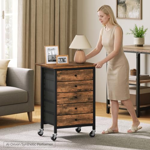 MAHANCRIS 5 Drawer File Cabinet,Rolling Filing Chest Cabinet with Wheels, Under Desk Storage Organizer, Printer Stand with Non-Woven Fabric Drawer, for Home Office, Study, Rustic Brown FCHR4801 - color: Rustic Brown, Black