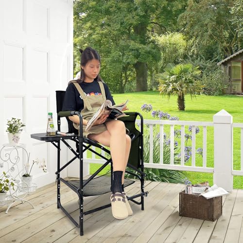 Tall Folding Directors Chair with Side Table 30.71" Seat Height Foldable Camping Chair Bar Stool for Makeup Artist Face Painting with Footrest and Storage Pocket Supports 350LBS - color: Olive, size: 30.71" Seat Height