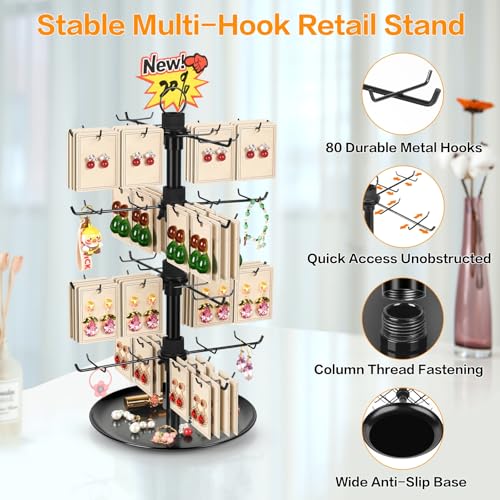 Jewelry Display for Vendors with 80 Hooks, 4 Tier Rotating Display Stand Earring Holder Organizer Adjustable Height, Earring Rack Keychain Necklace Bracelet Display for Retail - style: 4SL-BK