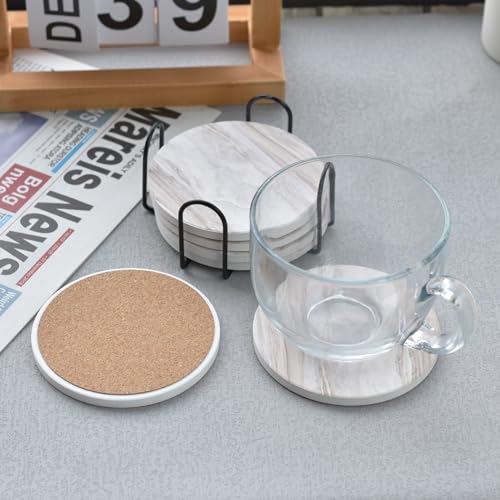 6Pcs Drink Coasters with Holder, Marble Style Ceramic Drink Coaster, Absorbent Coasters Set Suitable for Kinds of Cups, Modern Style Coaster for Coffee Table, 4 Inches - color: Marble Style