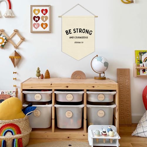 Christian Nursery Decor, Be Strong and Courageous Inspirational Classroom Canvas Banner, Bible Verse Wall Hanging Pennant Flag for Kids Nursery Toddler Room Bedroom Playroom Decor, 15x11in - color: be strong