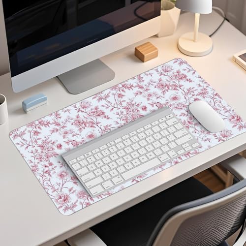 Pink Chinoiserie Mouse Pad,Vintage Pink and White Floral Desk Mat,XL Large Vintage Flowers Preppy Mouse Pad,Girly Laptop Desk Mat for Dorm Home Office,23.6x11.8 Inch - color: L Pink Floral