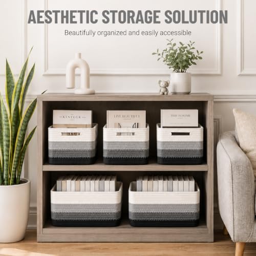 5 Pack Woven Storage Baskets for Shelves Organizing, Decorative Cotton Rope Organization Storage Bins for Socks, Book, Towel, Clothes, Closet, Nursery, Bathroom & Home Decor, Black White Ombre - color: White Black Ombre