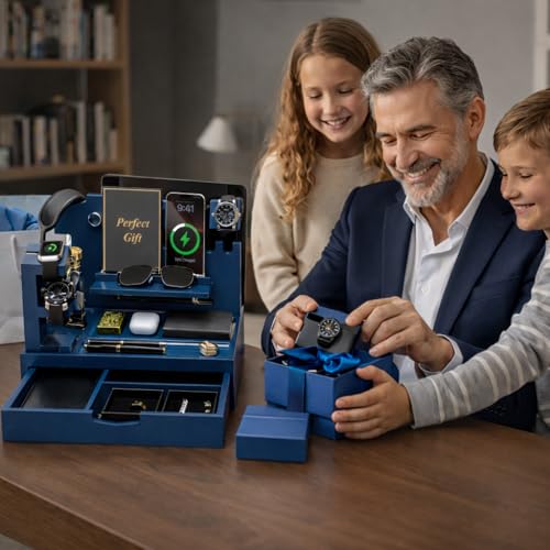 Nightstand Organizer for Men with Large Drawer, Wood Phone Docking Station for Phone, Apple Watch, Wallet & Keys, Ideal Birthday Gift for Father Husband, Bedside Desk Organizer (Blue) - color: Blue