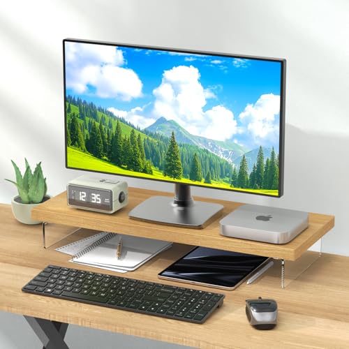 Monitor Stand Riser, Wood & Acrylic Computer Monitor Stand Desk Desktop Organizer Table For Home, Office Workspace, Laptop Riser, Printer, PC & TV Screen Riser - color: Elmwood, size: 25*10 Inch