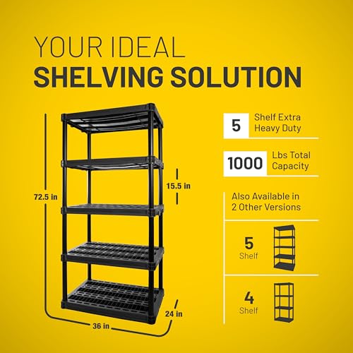 Plano 5-Shelf Extra Heavy Duty Plastic Storage Shelves, 72.5” x 36” x 24”, 1000lb Capacity, Pantry, Office, Closet and Garage Shelves, Easy to Assemble, Durable Plastic Shelving Unit - size: 5-Shelf 1000lb