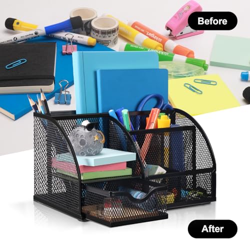 Comix Mesh Pen Pencil Holder Desk Organizer, 7 Compartment Wire Desktop Pen Pencil Cup Caddy Office Supplies for Home Office School, Black - color: 7 Compartments