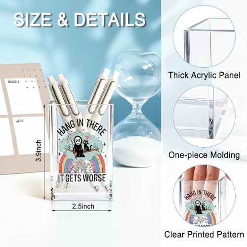 Hang In There It Gets Worse Acrylic Makeup Brush Pencil Holder Cup, Funny Grim Reaper Black Cat Pen Holder For Friends HR Nurse, Dark Humor Funny Office Gifts for Coworkers, Mental Health Gifts - color: rainbow & black