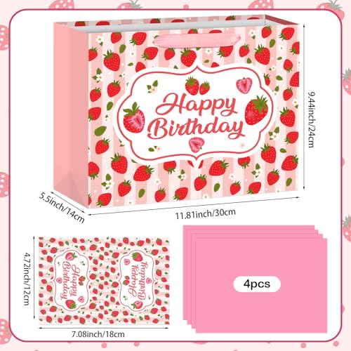 Hooqict Large Strawberry Birthday Gift Bag Pink Happy Birthday Gift Wrapping Bag with Handles, Tissue Paper, Greeting Card for Girls Kids Women Sweet Strawberry Party Decorations Supplies - color: Strawberry