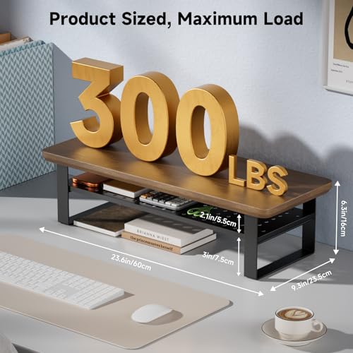 Monitor Stand Riser, 24 Inch Computer Monitor Stand for Desk, 2-Tier Wood Desk Shelf Organizer with Storage, Desktop Stand for Laptop/Screen/PC/Printer, Ergonomic Home Office Monitor Stand - color: Black Walnut, size: 23.6in