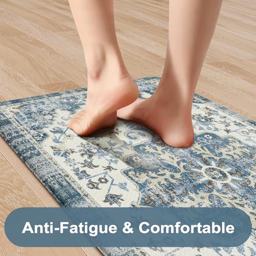 KIMODE Anti Fatigue Kitchen Mat for Floor 17.3"x29"+17.3"x59", Boho Vintage Kitchen Rugs Sets of 2, Cushioned Non Slip Kitchen Mats for Floor, Comfort Kitchen Floor Mat for Sink Laundry Desk Blue - color: Blue/Multi, size: 17.3" x 59"+17.3" x 29"--0.47 in