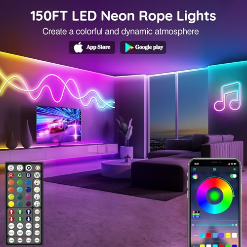 AILBTON 150Ft Neon Rope Lights,Flexible Led Rope Lights Control with App/Remote,Multiple Modes Music Sync Gaming RGB Led Neon Lights for Bedroom Outdoor - size: 150FT