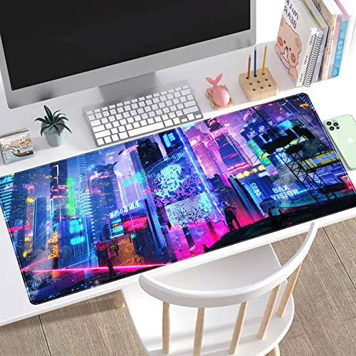 Japanese Street Desk Mat Futuristic Neon City Print Mouse Pad, Exclusive Desk Mats, XXL Large Gaming Mousepad 31.5"x15.75", Office Decor for Women Girls Keyboard Mat Laptop Computer Mat - color: Neon Color Japanese Street