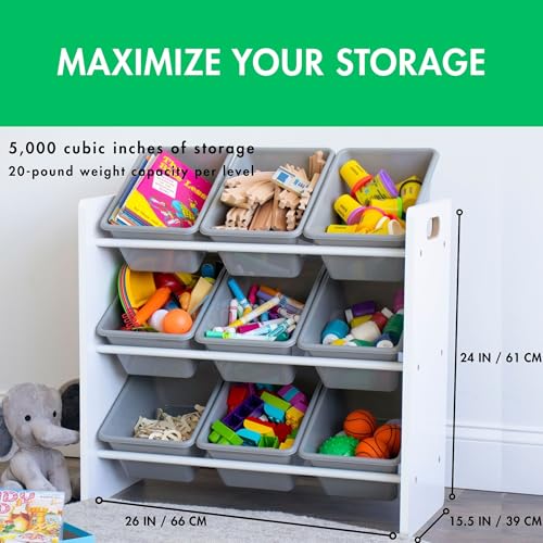 Humble Crew 9-Bin Toy Organizer – Explorer Natural White/Grey Plastic Bins, 3-Tier Storage Solution for Kids' Playrooms and Nurseries - color: Grey Bins/White Panel