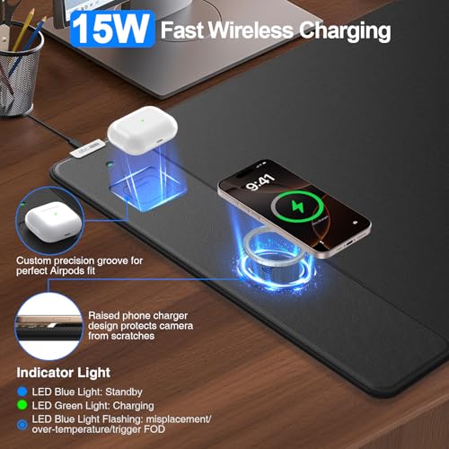 Mouse Pad with Magnetic Wireless Charger, 31.5"x15.8" Large Gaming Desk Mat, Non-Slip Base, Waterproof Ultra-Smooth Keyboard Pad for Gamer, Office & Home, Black - color: Black-31.5"x15.8"