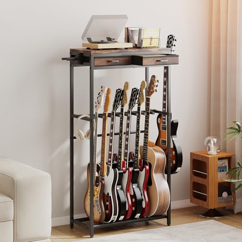 ELYKEN Guitar Stand, Guitar Rack with 2 Hangers and Storage Drawers for Guitar Accessories, Multiple Guitar Holder for Acoustic Electric Guitar, Bass, Instrument, Music Studio, Rustic Brown - color: Rustic Brown, size: 7-9 Guitars
