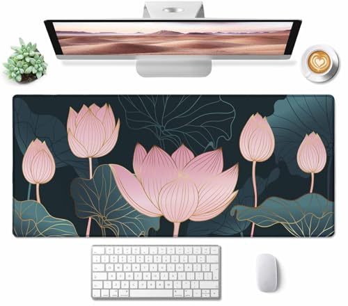 Large Gaming Mouse Pad with Stitched Edges, Lotus Flowers Desk Mat, Extended XL Keyboard Pad, Non-Slip Rubber Base Desk Pad for Keyboard and Mouse, 35.4X15.7 inch - color: Lotus Flowers, size: 35.4L x 15.7W inches