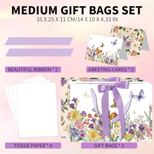 woric 2 Pcs Floral Gift Bag with Tissue Paper, 13.7" Large Vintage Flower Shower Gift Bags with Handle Ribbon Greeting Cards for Women Girls Birthday Wedding Bridal Showers Anniversaries Graduation - color: Vintage Flower