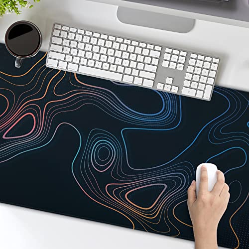 Topographic Contour Map XL Mouse Pad 31.5 x 11.8 Inch Gaming Mousepad Extended Large Mousepad with Nonslip Rubber Base Stitched Edges Laptop Desk Pad Home Office Supplies - color: Black Topographic 3