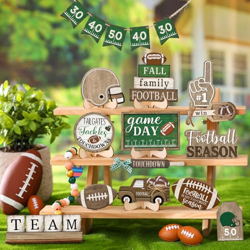 20 Pcs Football Tiered Tray Decoration Football Season Wood Signs Set Rustic Fall Team Game Day Wooden Table Centerpieces Ornament for Fans Rugby Sport Home Theme Party Supplies - style: Football