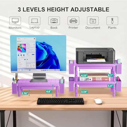 WALI Computer Monitor Stand with Storage, Desk Organizer with Drawer and Pen Holder, Desk Monitor Riser 3 Height Adjustable, Laptop Riser for Laptop, Printer (PTT003-V), 1 Pack, Violet - color: Violet, size: 14.6"L * 9.3"W,11" 1 Drawer, 2 Pen Holder