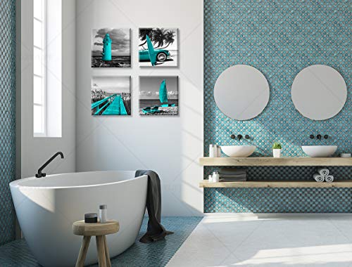 Beach Wall Art Teal Wall Decor Bathroom Decor Sets Accessories Black and White Ocean Lighthouse Painting Palm Tree Surfboard Car Bridge Picture Prints Seascape Office Bedroom Poster 12x12 inches x4 - color: Artwork-a1