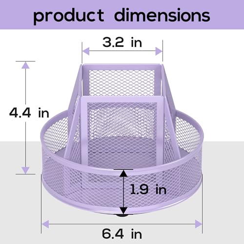 YINGHUA Metal Mesh Desk Organizer with 5 Compartments and Rotating Pencil Holder Pen and Stationery Organizer for Office Home School Anti Slip Base Purple - color: Purple