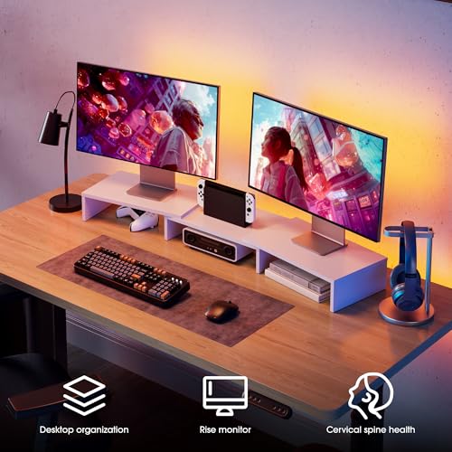 FITUEYES Dual Monitor Stand – 3 Shelf Computer Monitor Riser, Wood Desktop Stand with Adjustable Length and Angle, Desk Accessories, Office Supplies Medium White, DT108008WW - color: White