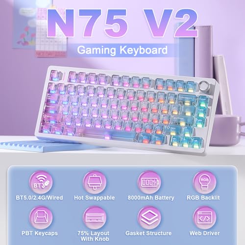 N75 V2 Mechanical Keyboard,75% Layout with Knob,2.4GHz/BT/Wired Tri-Mode Wireless Keyboard, Gasket Hot Swappable Gaming Keyboard,Linear Switches, RGB Backlit for Win & Mac (Pink-Blue Gradient) - color: Pink-Blue Gradient, size: Glacier Pro Switche