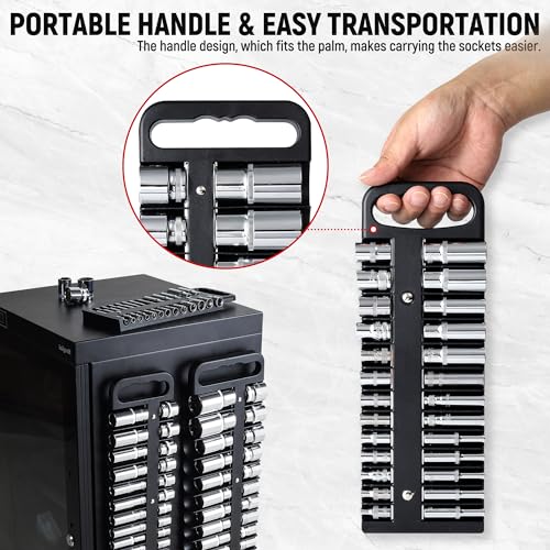 Reniteco Magnetic Socket Organizer Set, 3 Pcs Blue Portable Heavy Duty Socket Rail Set: 1/4-Inch x 22 Pallets, 3/8-Inch x 28 Pallets, 1/2-Inch x 26 Pallets, Hold 76 Sockets - Fit Shallow&Deep Sockets - color: Black