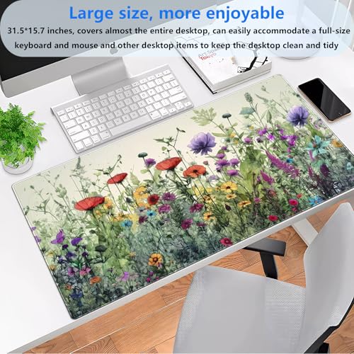 Floral Desk Pad Mat Watercolor Flowers Desk Mat XL Large Gaming Mousepad Extended Aesthetics Laptop Computer Keyboard and Mouse Pad Office Desk Decor for Women 31.5 x 15.7 in - color: Flower Weeds