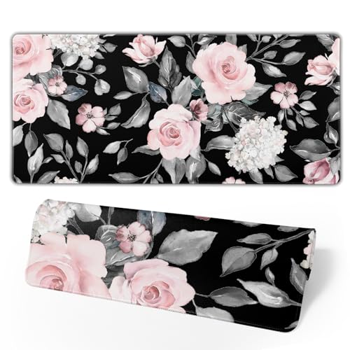 Floral Extended Gaming Mouse Pad Non-Slip Rubber Base Black Large Mousepad 31.5x11.8in with Stitched Edge Waterproof Flowers Pads Computer Black Desk Laptop Mats for Work/Game/Office/Home - color: Flower, size: 31.5x11.8 Inch
